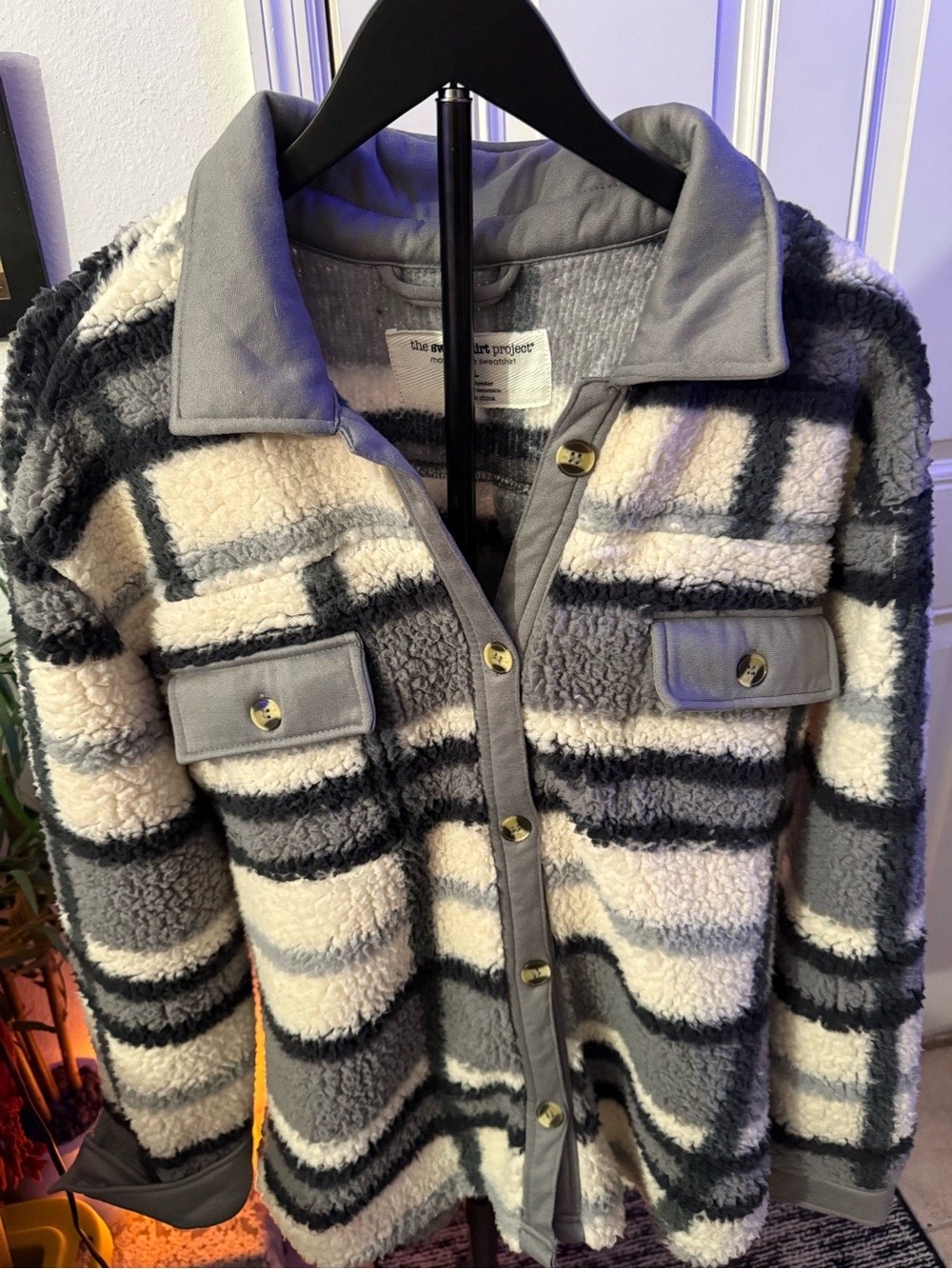 The Sweatshirt Project Plaid Sherpa Fleece Shacket Jacket XL Gray Contrast Trim - Picture 4 of 7